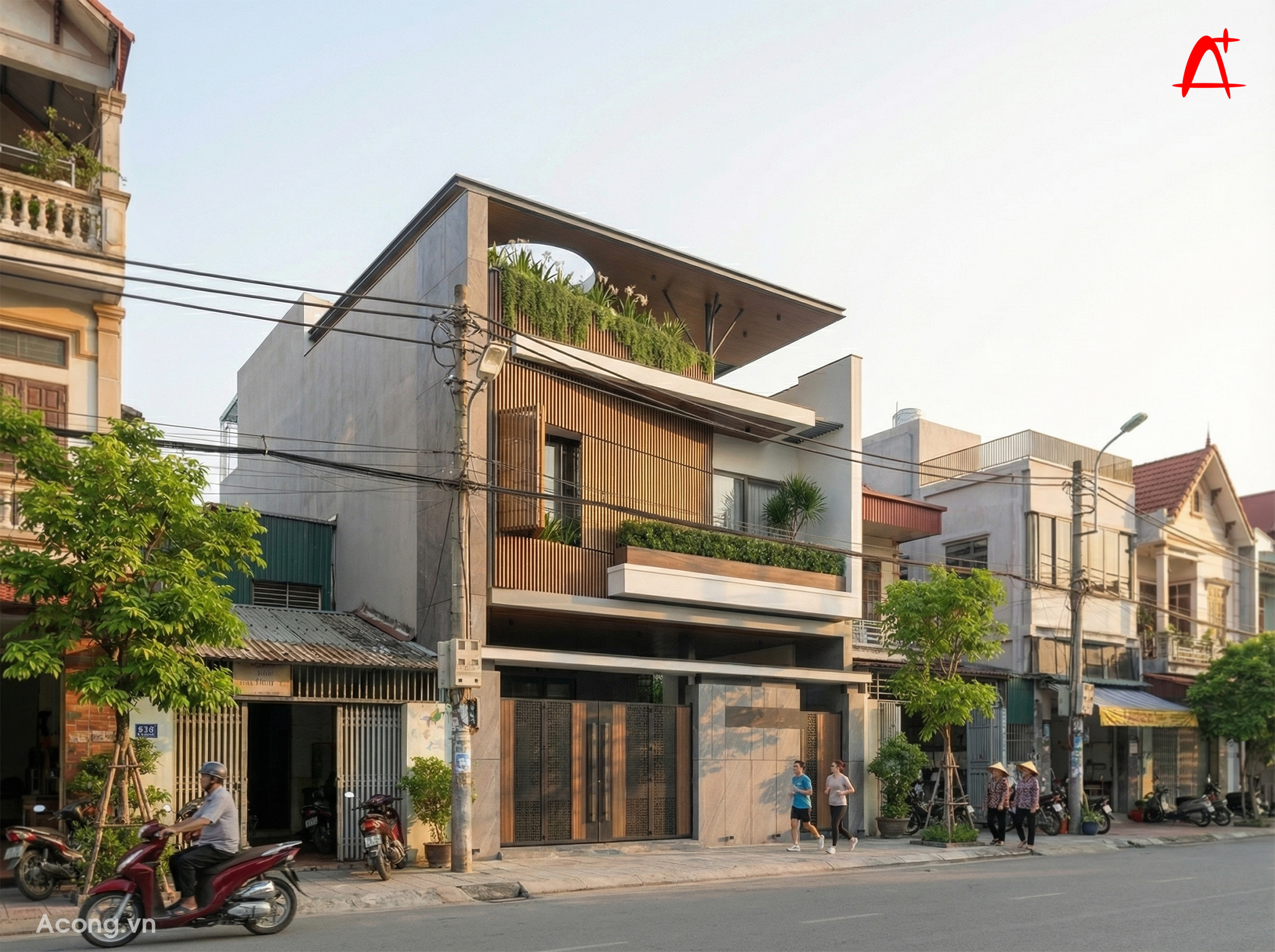 Kiến tr&uacute;c nh&agrave; phố 3 tầng 9x20m với s&acirc;n thượng rộng, m&aacute;i đua lớn v&agrave; mặt tiền nhiều lớp tạo chiều s&acirc;u.